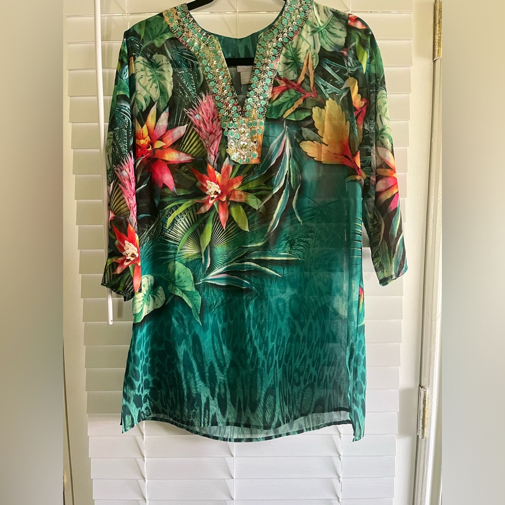 Chico's EUC 0 (s)Tropical Jade floral/leopard print boho green tunic top 4-6